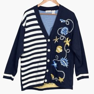 Vintage Talbots Nautical Striped Seashell Sweater Women XL Coastal Made in Italy